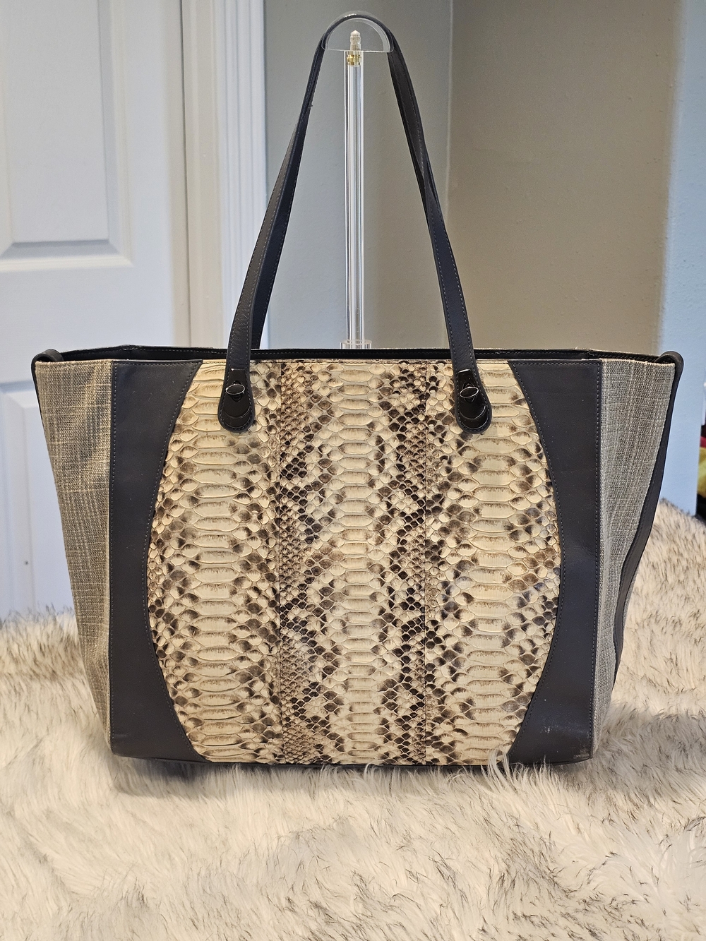 Khirma New York Genuine Python Leather Gray Bouclé Lurex Made In Italy Tote